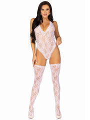 Sweet Romance Lace Teddy & Stockings Set White